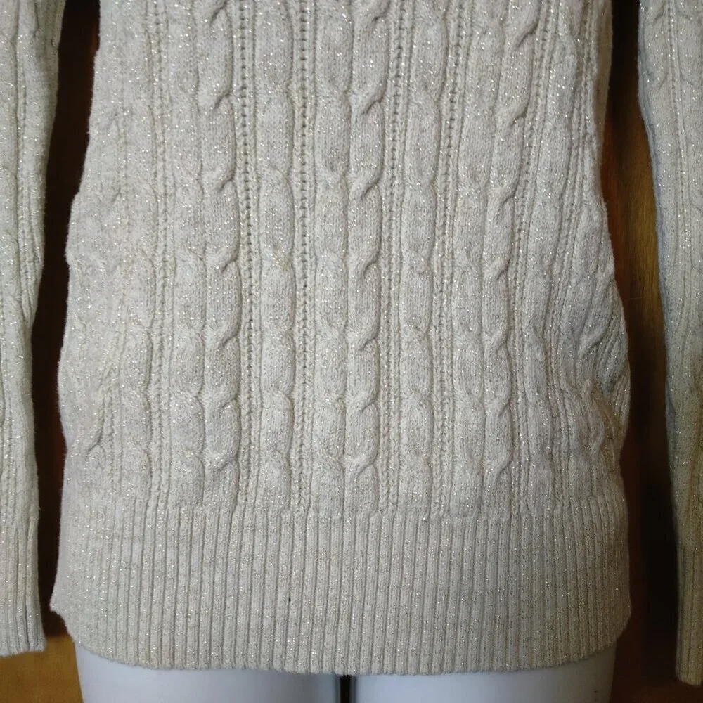 St. John's Bay Cable Knit Long Sleeve Sparkle Sweater Size Small Neutral Classic